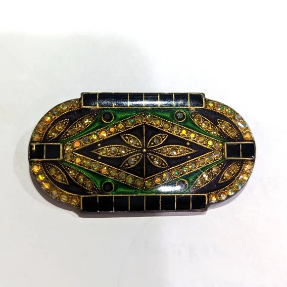 Art Deco Pierre Bex Style Metal, Rhinestone,Enamel Brooch Pin - Picture 2 of 6
